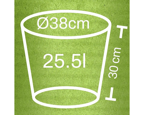 Nákres kvetináča s rozmermi 38 cm priemer, 30 cm výška a objem 25,51 litra