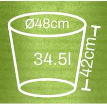Ilustrácia kvetináča s rozmermi 48 centimetrov v priemere, 42 centimetrov na výšku a objemom 34,5 litra