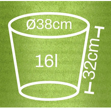 Obrázok kvetináča s rozmermi priemer 38 centimetrov, výška 32 centimetrov a objem 16 litrov