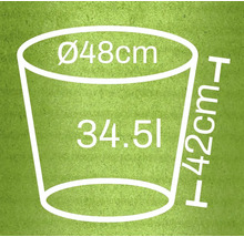 Ilustrácia kvetináča s rozmermi 48 centimetrov v priemere, 42 centimetrov na výšku a 34,5 litra objemu