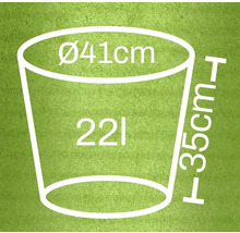 Diagram kvetináča s rozmermi 41 centimetrov v priemere, 35 centimetrov na výšku a objemom 22 litrov