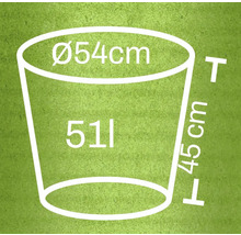 Technický nákres kvetináča s rozmermi priemer 54 centimetrov, výška 45 centimetrov a objem 51 litrov