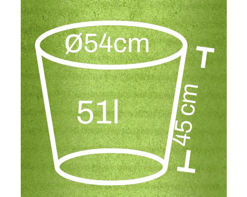 Technický nákres kvetináča s rozmermi priemer 54 centimetrov, výška 45 centimetrov a objem 51 litrov