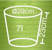 Nákres kvetináča s rozmermi 29 cm v priemere, 23 cm na výšku a objemom 7 litrov