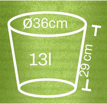 Nákres kvetináča s rozmermi: priemer 36 cm, výška 29 cm, objem 13 litrov