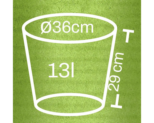 Nákres kvetináča s rozmermi: priemer 36 cm, výška 29 cm, objem 13 litrov