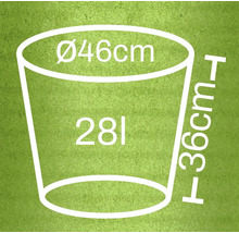 Ilustrácia kvetináča s rozmermi 46 centimetrov v priemere a 36 centimetrov na výšku a objemom 28 litrov