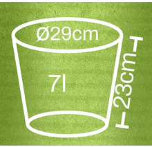 Nákres vedra s rozmermi 29 cm v priemere, 23 cm na výšku a objemom 7 litrov