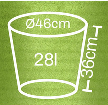 Technický nákres vedra s rozmermi priemer 46 cm, výška 36 cm a objem 28 litrov.