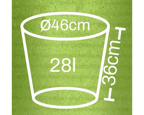 Technický nákres vedra s rozmermi priemer 46 cm, výška 36 cm a objem 28 litrov.