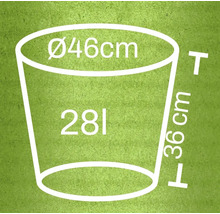 Diagram kvetináča s rozmermi priemer 46 cm, výška 36 cm a objem 28 litrov