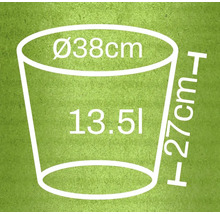 Rozmery kvetináča: priemer 38 cm, výška 27 cm, objem 13,5 litra