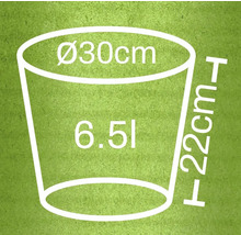 Ilustrácia kvetináča s rozmermi priemer 30 cm, výška 22 cm a objem 6,5 litra