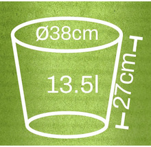 Technický nákres kvetináča s rozmermi priemer 38 cm, výška 27 cm a objem 13,5 litra