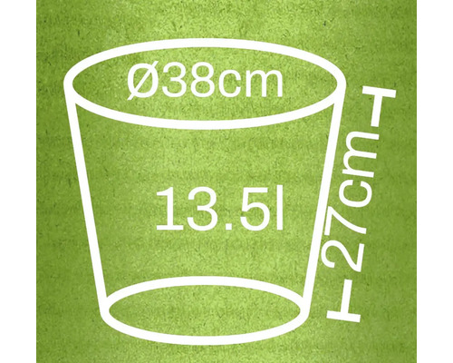 Technický nákres kvetináča s rozmermi priemer 38 cm, výška 27 cm a objem 13,5 litra