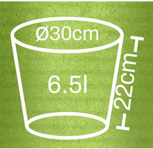 Nákres kvetináča s rozmermi 30 centimetrov v priemere, 22 centimetrov na výšku a objemu 6,5 litra