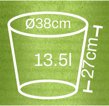 Ilustrácia kvetináča s rozmermi 38 cm priemer, 27 cm výška a objem 13,5 litra