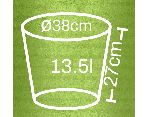 Ilustrácia kvetináča s rozmermi 38 cm priemer, 27 cm výška a objem 13,5 litra