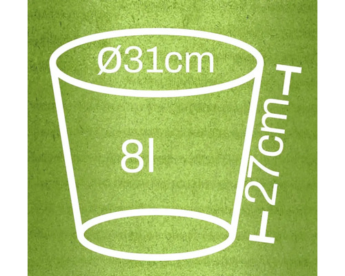 Obrázok s rozmermi: priemer 31 centimetrov, výška 27 centimetrov, objem 8 litrov