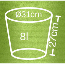 Nákres kvetináča s rozmermi 31 centimetrov v priemere a 27 centimetrov na výšku, objem osem litrov
