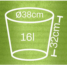 Schematický nákres kvetináča s rozmermi 38 centimetrov v priemere, 32 centimetrov na výšku a 16 litrov objemu