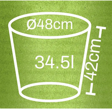 Nákres kvetináča s rozmermi 48 centimetrov v priemere, 42 centimetrov na výšku a 34,51 litrov objemu
