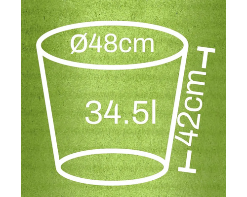 Nákres kvetináča s rozmermi 48 centimetrov v priemere, 42 centimetrov na výšku a 34,51 litrov objemu