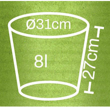 Nákres kvetináča s rozmermi priemer 31 centimetrov, výška 27 centimetrov a objem 8 litrov