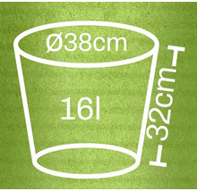 Rozmerový náčrt nádoby s priemerom 38 cm, výškou 32 cm a objemom 16 litrov