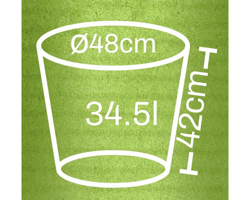 Ilustrácia kvetináča s rozmermi priemer 48 cm, výška 42 cm a objem 34,51 litra
