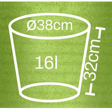 Obrázok rozmerov kvetináča: priemer 38 centimetrov, výška 32 centimetrov, objem 16 litrov
