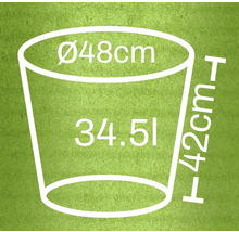 Nákres kvetináča s rozmermi: priemer 48 cm, výška 42 cm, objem 34,5 litra