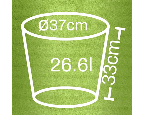 Obrázok rozmerov kvetináča: priemer 37 cm, výška 33 cm, objem 26,61 litra