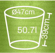 Technický nákres kvetináča s rozmermi priemer 47 centimetrov, výška 39 centimetrov a objem 50,7 litra