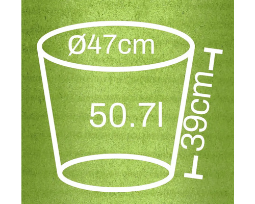 Technický nákres kvetináča s rozmermi priemer 47 centimetrov, výška 39 centimetrov a objem 50,7 litra