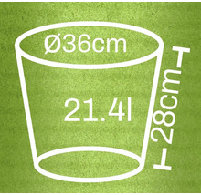 Nákres kvetináča s rozmermi priemer 36 cm, výška 28 cm a objem 21,41 litra