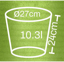 Diagram s rozmermi kvetináča: priemer 27 centimetrov, výška 24 centimetrov, objem 10,3 litra