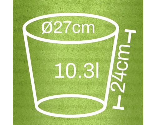 Diagram s rozmermi kvetináča: priemer 27 centimetrov, výška 24 centimetrov, objem 10,3 litra