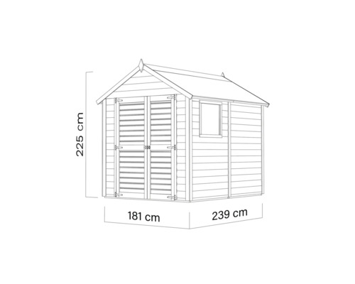 Obrázok záhradného domčeka s rozmermi 225 cm výška, 181 cm šírka a 239 cm hĺbka