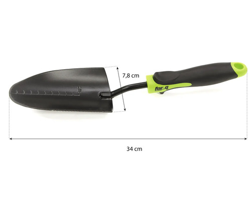 Záhradná lopatka s dĺžkou 34 cm a šírkou listu 7,8 cm.