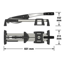 Rezačka na laminát s rozmermi: dĺžka 661 milimetrov, výška 197 milimetrov a šírka 211 milimetrov.