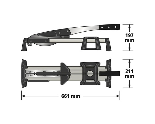 Rezačka na laminát s rozmermi: dĺžka 661 milimetrov, výška 197 milimetrov a šírka 211 milimetrov.