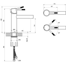Technický výkres umývadlovej batérie s rozmermi v milimetroch. Celková výška 220 milimetrov, výška výtoku 114 milimetrov.