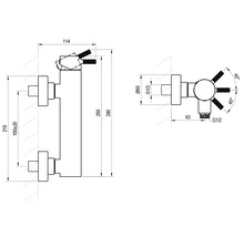 Technický nákres nástennej batérie s rozmermi v milimetroch.