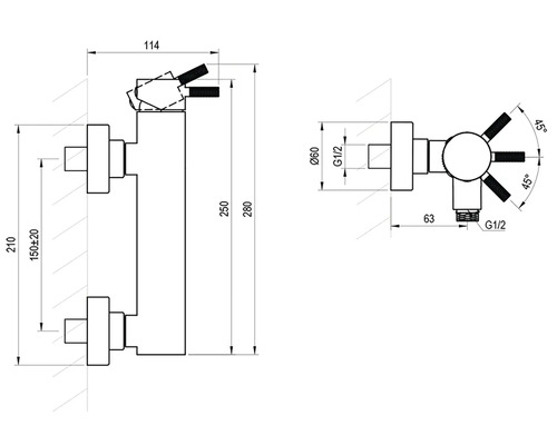 Technický nákres nástennej batérie s rozmermi v milimetroch.