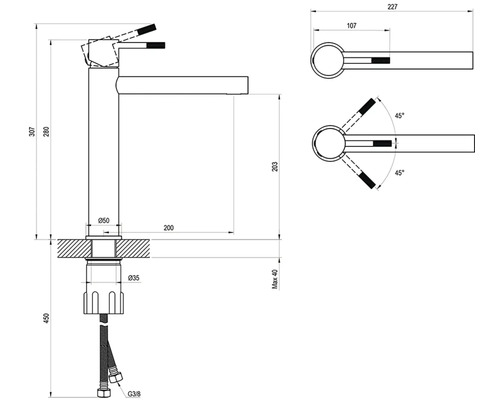 Technický výkres umývadlovej batérie s rozmermi v milimetroch, vrátane výšky výtoku a rozsahu otáčania páky.