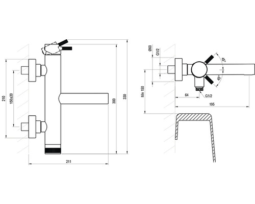 Technický výkres s rozmermi v milimetroch pre nástennú batériu.
