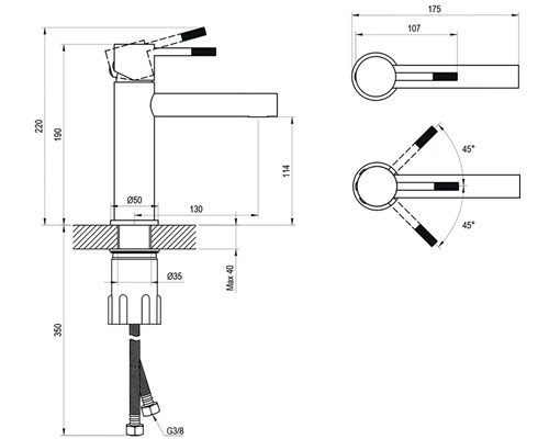 Technický výkres umývadlovej batérie s rozmermi v milimetroch. Celková výška 220 milimetrov, výška výtoku 114 milimetrov.
