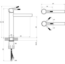 Technický nákres umývadlovej batérie v milimetroch: celková výška 307, výška výtoku 203, vyloženie 200, pripojenie tri osminy palca.