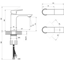 Technický výkres umývadlovej batérie s detailnými rozmermi v milimetroch a stupňoch.